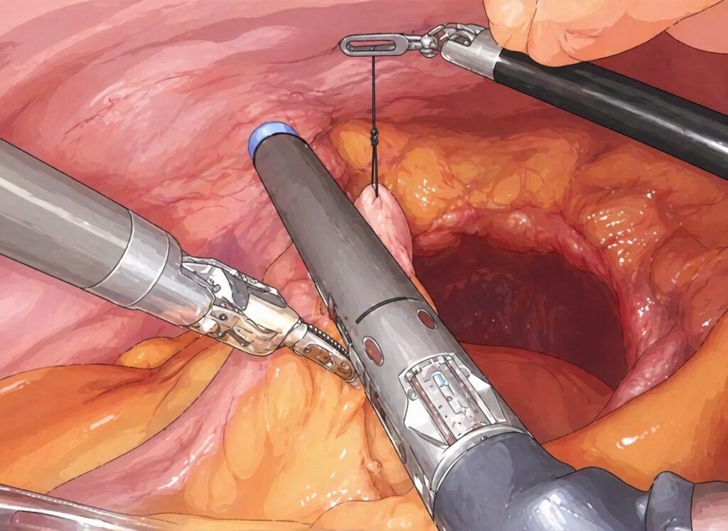 ICUD、体腔内でロボットを使用し尿路変向に使用する小腸を採取している様子